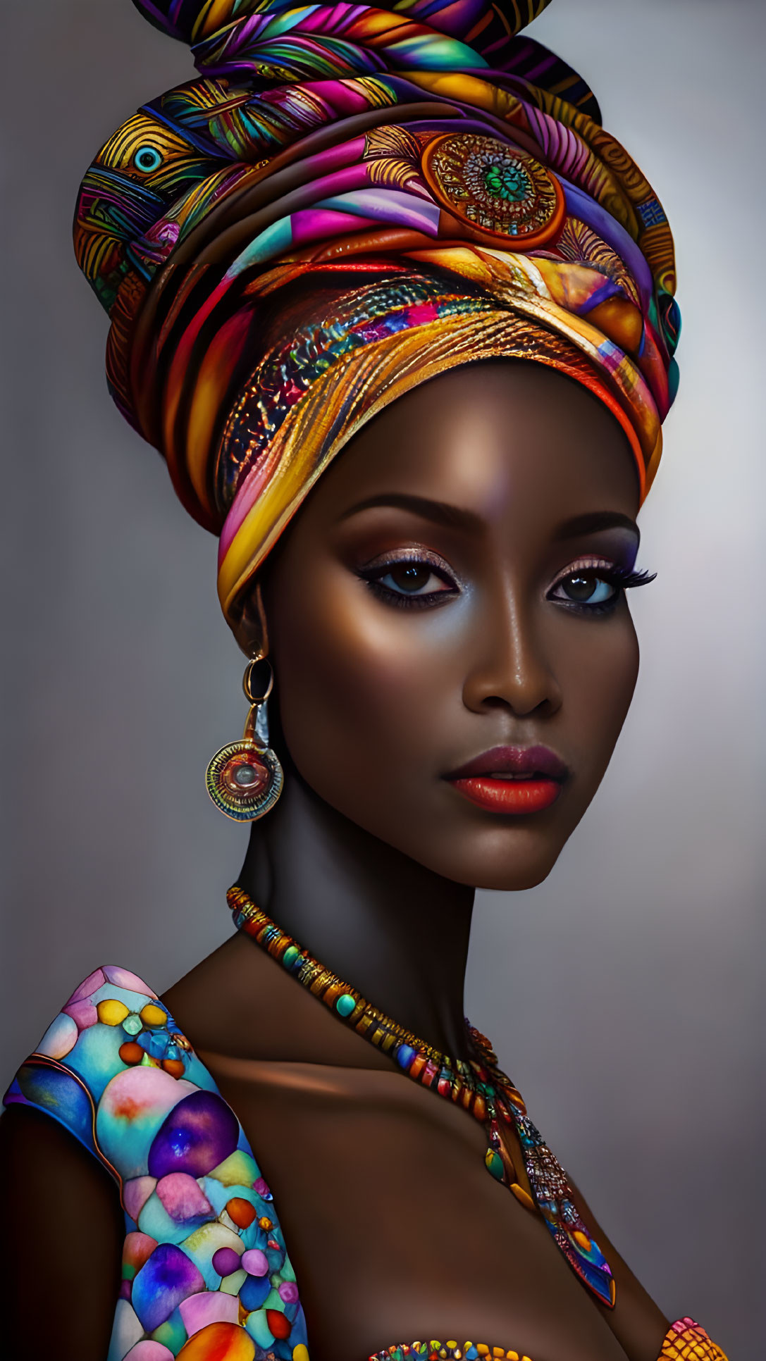 Colorful Head Wrap and Striking Makeup on Woman
