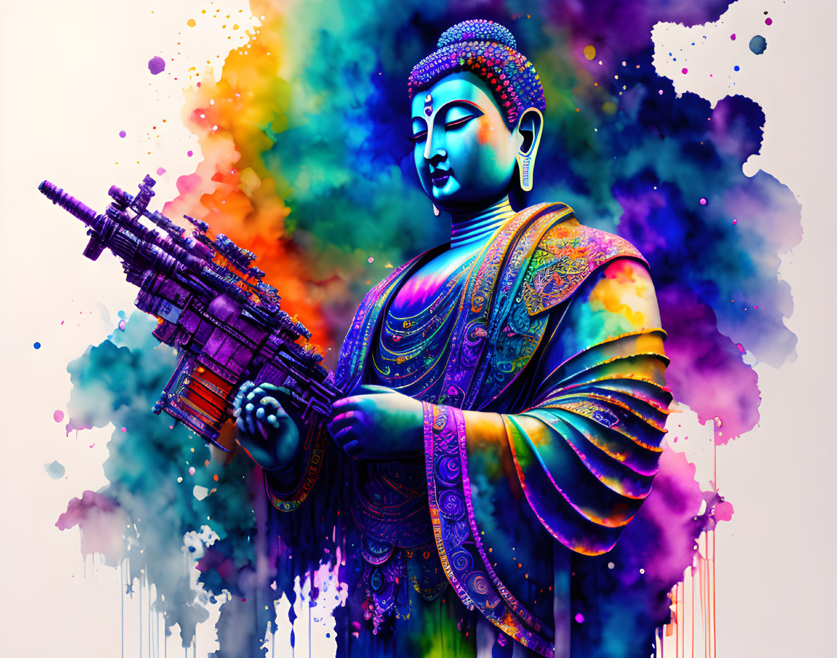 Colorful Buddha Figure Illustration with Gradient Effect and Ink Splatters