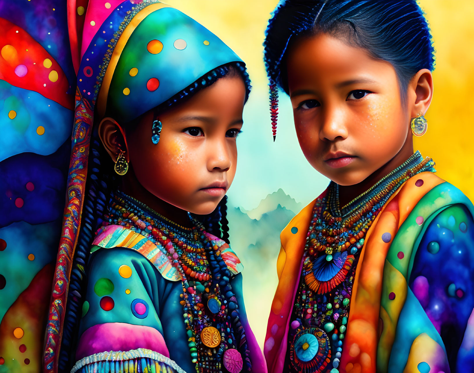 Children in traditional attire with headscarves and necklaces against colorful background