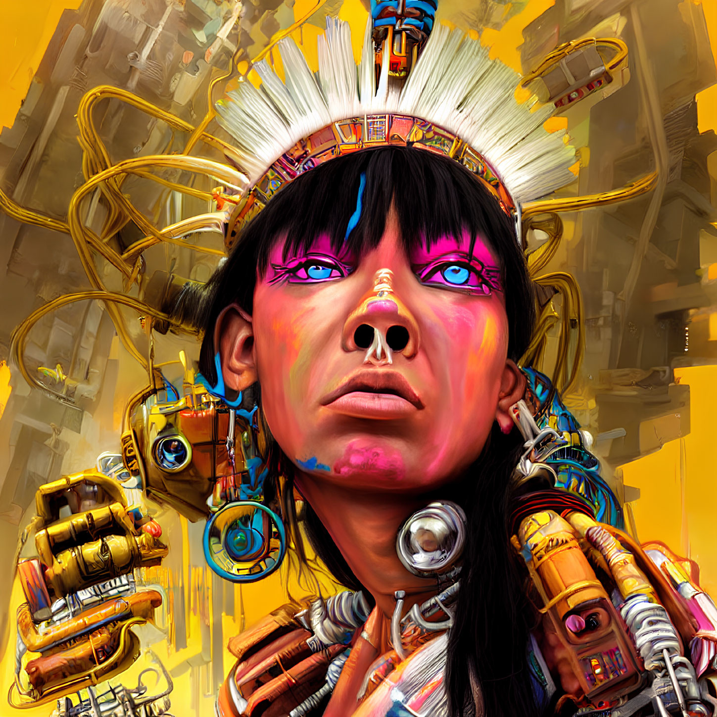 Futuristic individual with indigenous headdress and robotic arms on abstract background