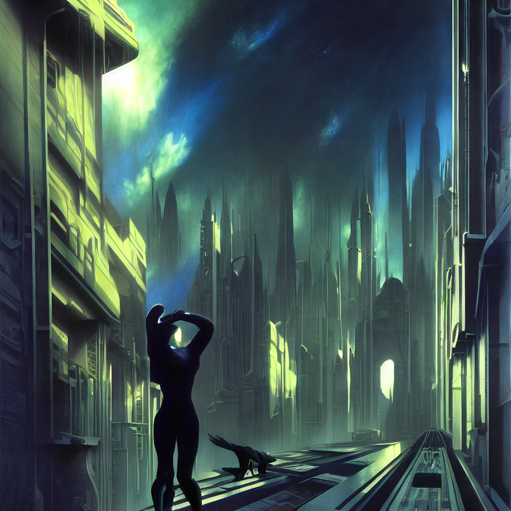 Silhouette of person with cat in futuristic city alley at night