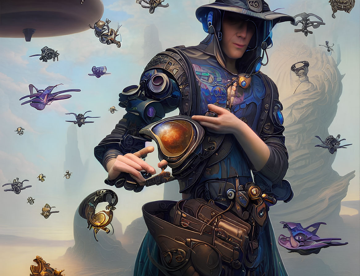Futuristic steampunk figure with spherical device among flying mechanical fish