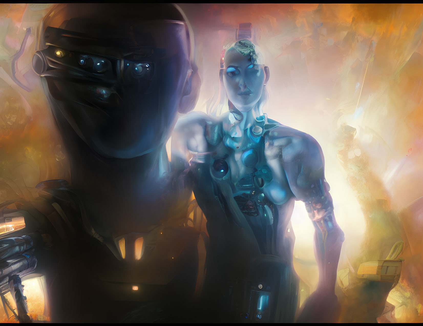 Futuristic androids with glowing eyes in fiery backdrop