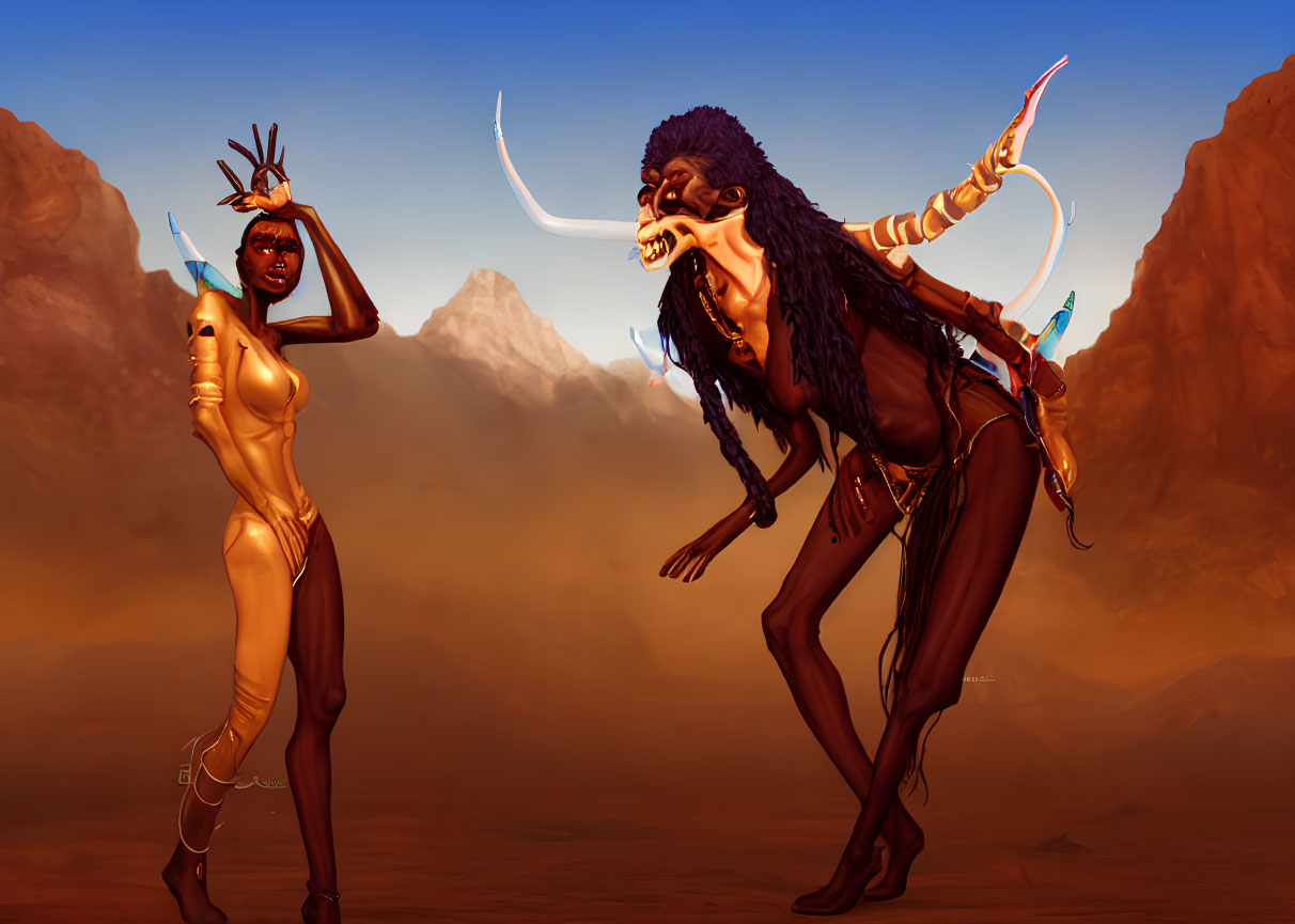 Stylized female characters in desert: one golden, robotic; other dark, monstrous with horns,