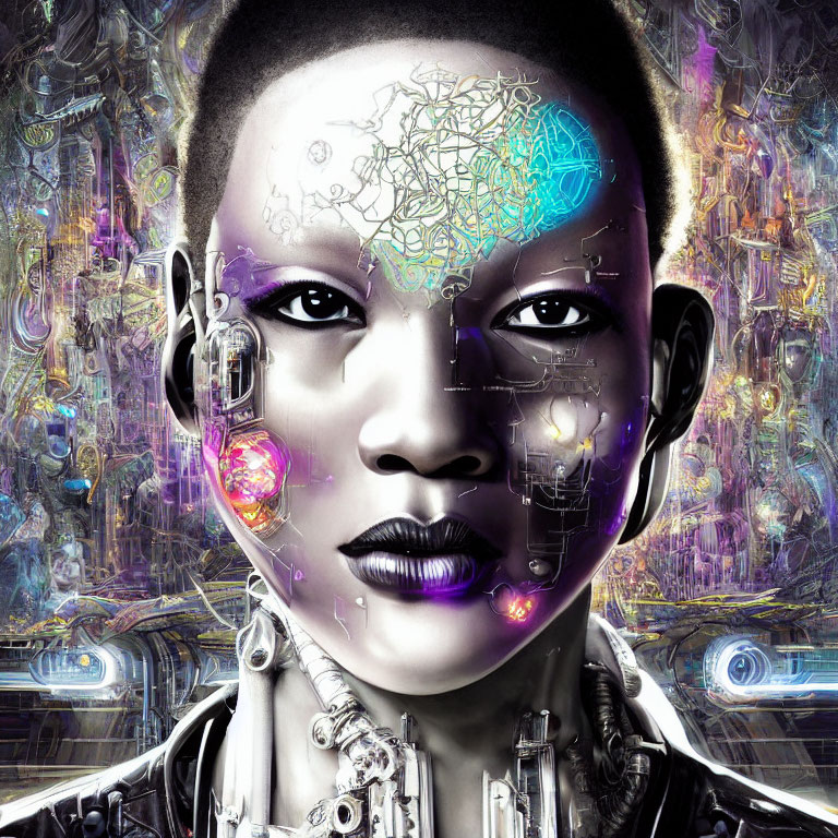 Digital artwork: Woman with half cyborg face, vibrant mechanical details.