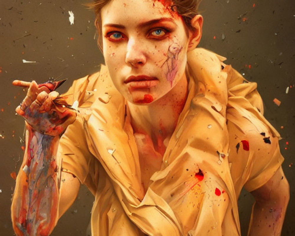 Digital art portrait of woman with blood splatters, sharp object, tense expression, dark background
