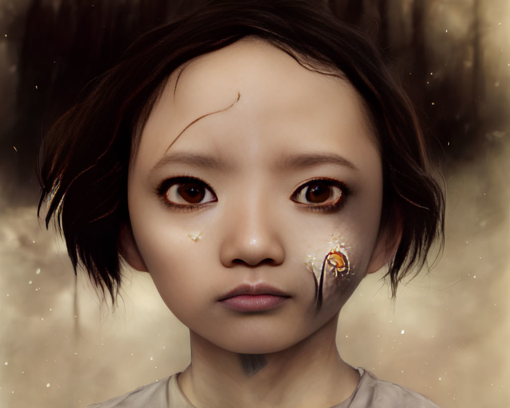 Digital portrait of person with dark hair and expressive eyes, featuring small orange and white creatures, against forest
