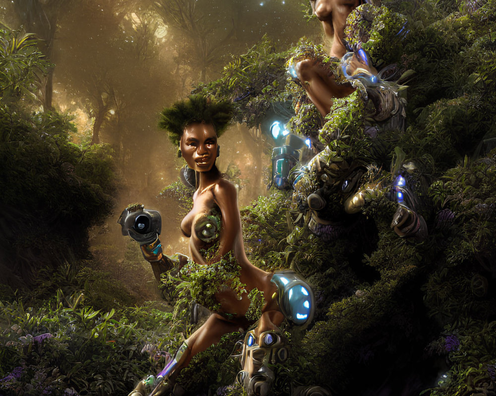 Futuristic characters with cybernetic enhancements in mystical forest