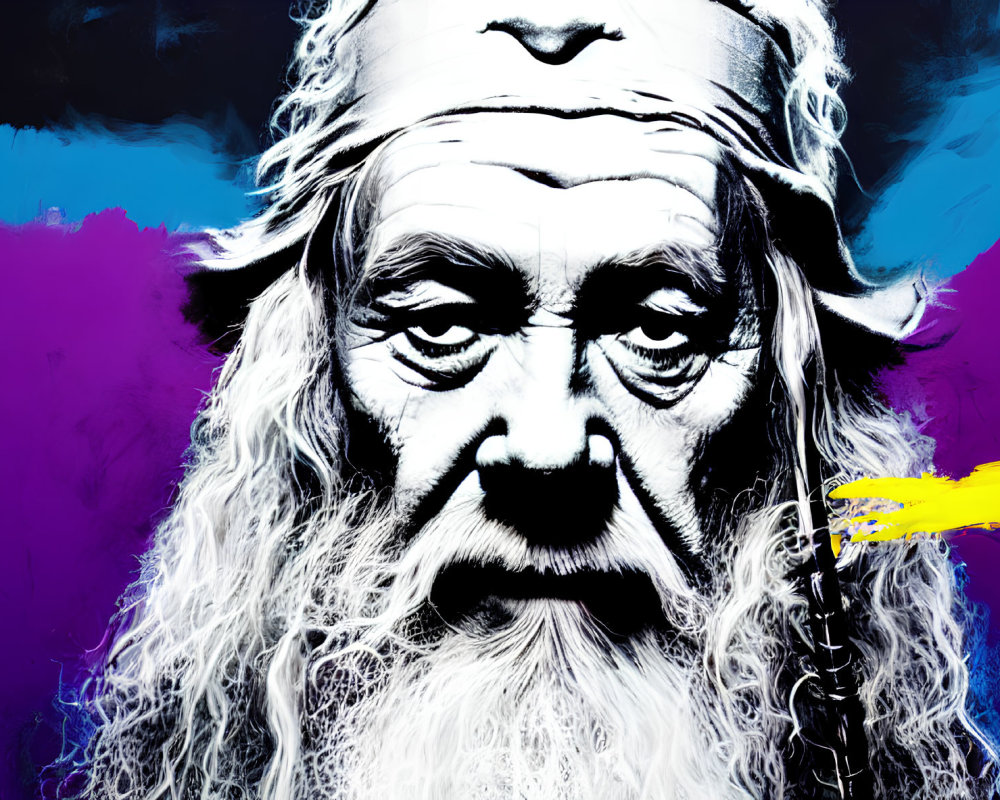 Detailed illustration of elderly man with long beard and intense gaze on blue and purple backdrop.