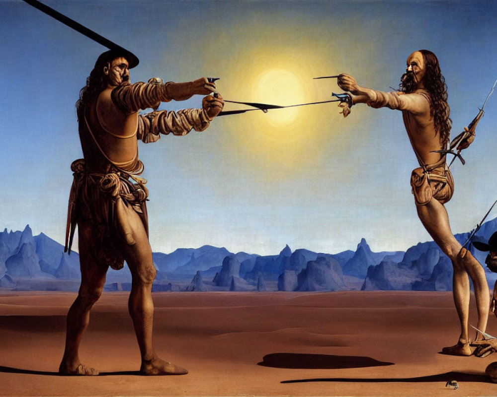 Two men with drawn bows in desert landscape with dramatic sun and kneeling figure