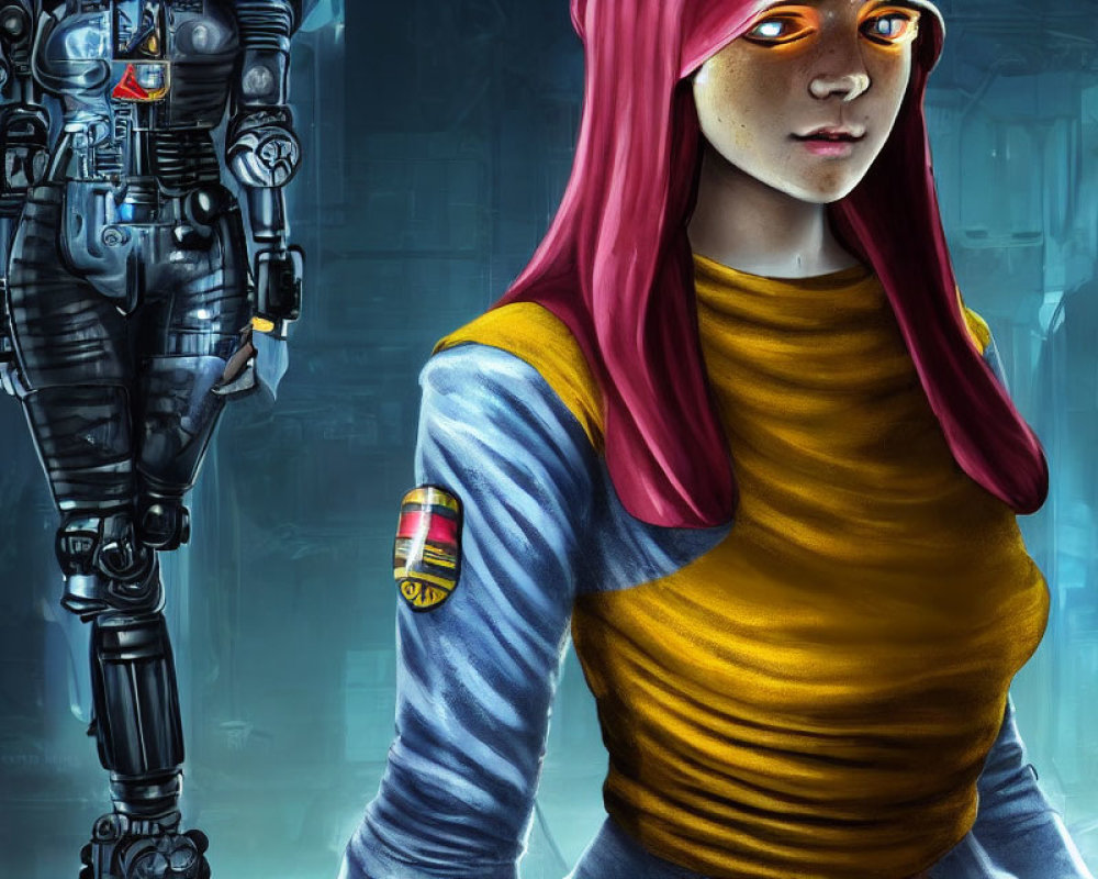 Digital Artwork: Young Woman with Magenta Hair and Glowing Orange Eyes, Robotic Figure in