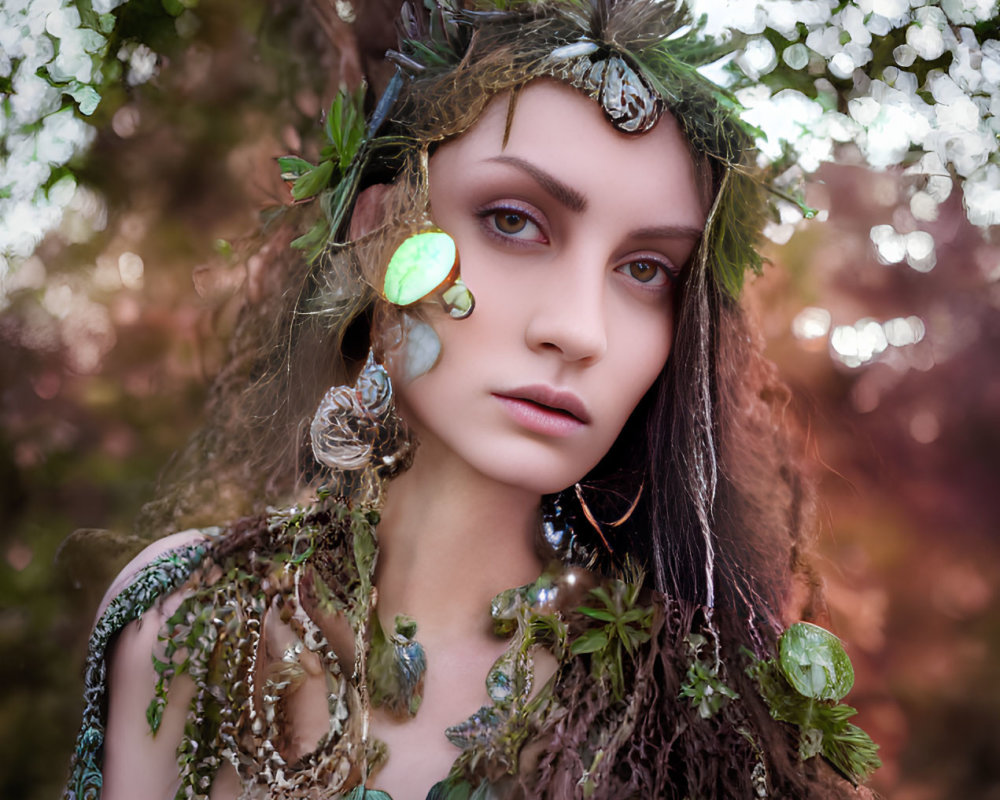 Fantasy-style costume with leafy headpiece and jewelry on nature bokeh background