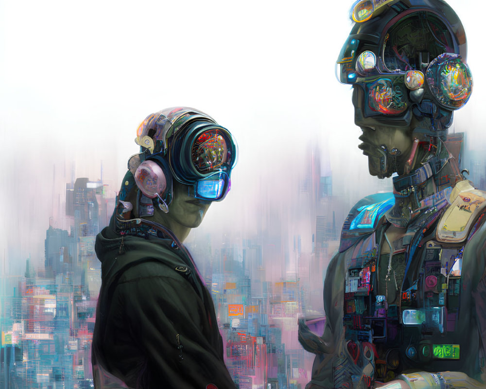 Futuristic individuals with exposed mechanical brains and high-tech gear in cityscape.