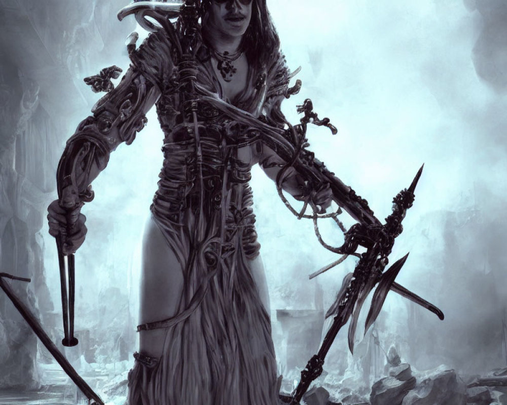 Monochrome fantasy illustration of fierce warrior woman with ornate bow in misty terrain