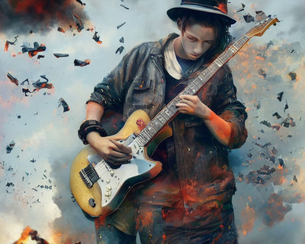 Person playing electric guitar among swirling fiery fragments and smoky backdrop