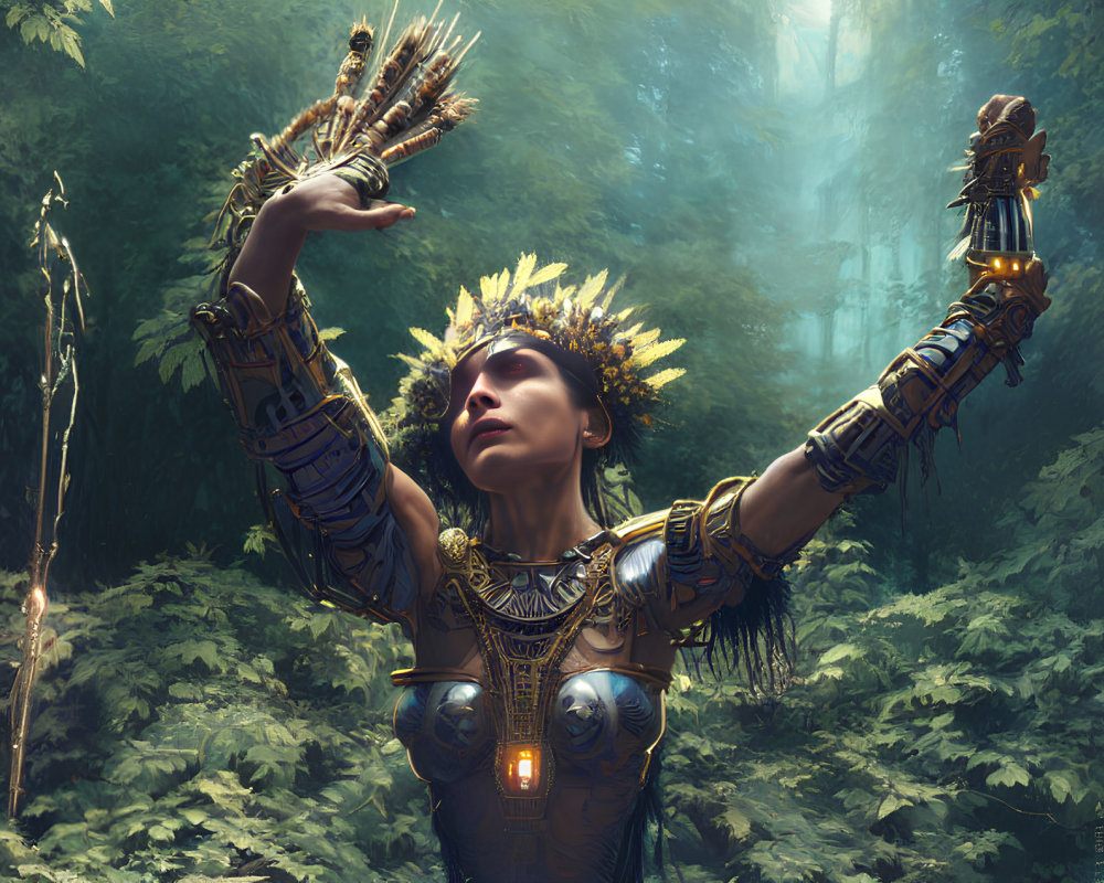 Woman in ornate tribal attire with feather headdress in lush forest with sunlight filtering through