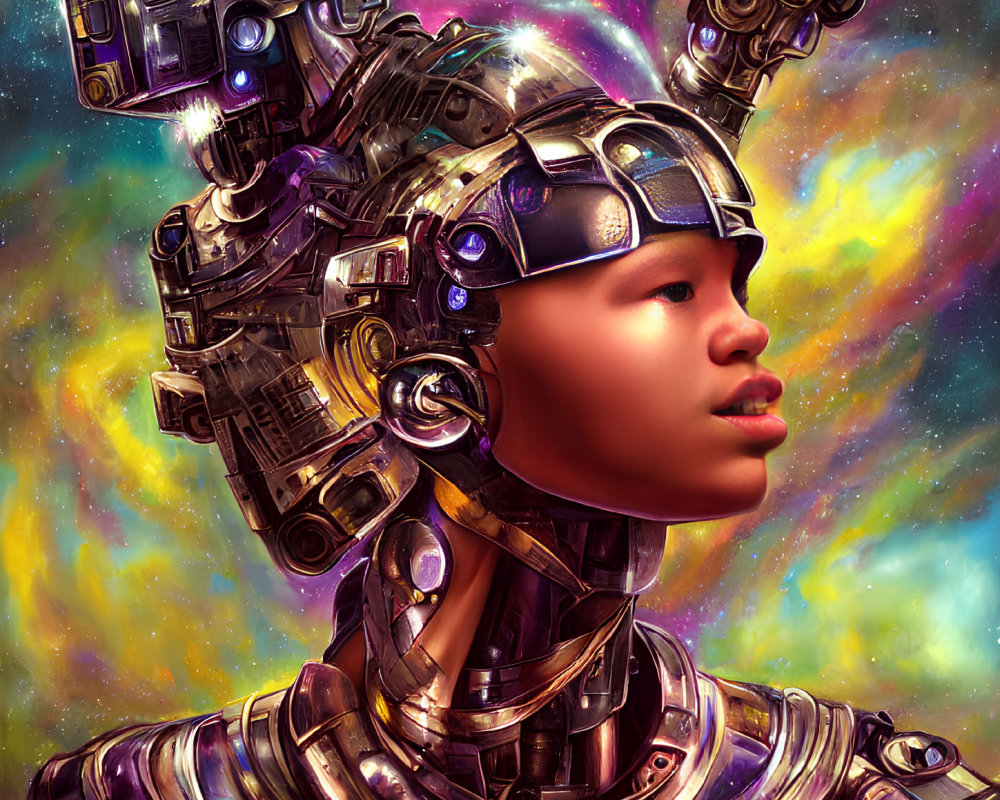 Detailed futuristic female android in cosmic backdrop