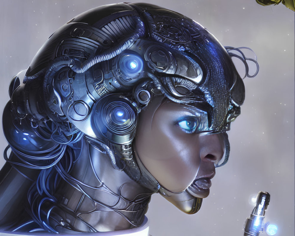 Detailed female cyborg illustration with futuristic helmet and blue eyes