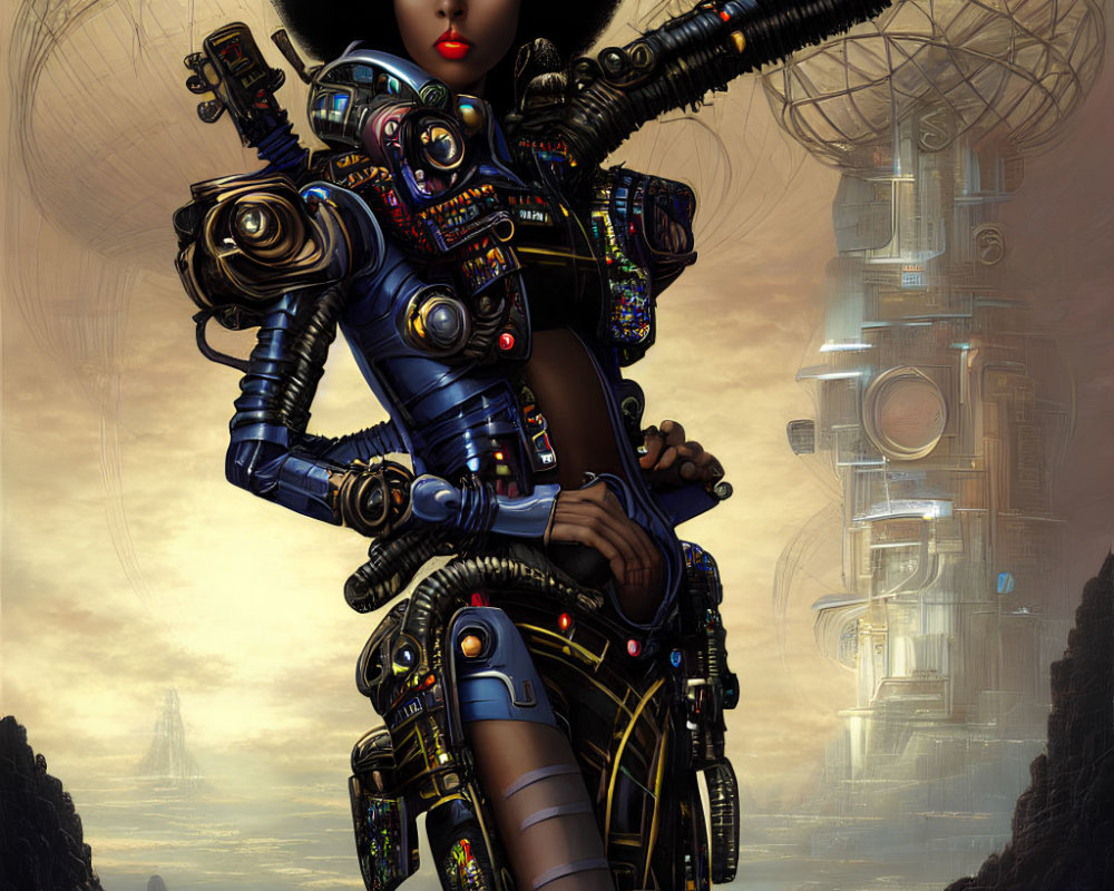 Futuristic female cyborg in intricate armor against sci-fi cityscape