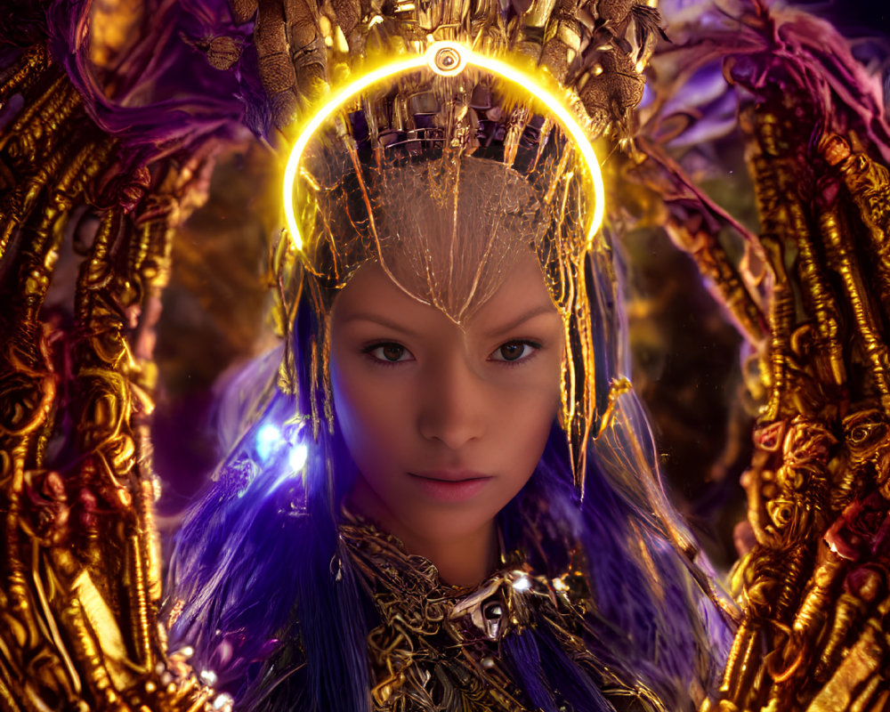 Blue-haired woman with golden headdress in mystical setting