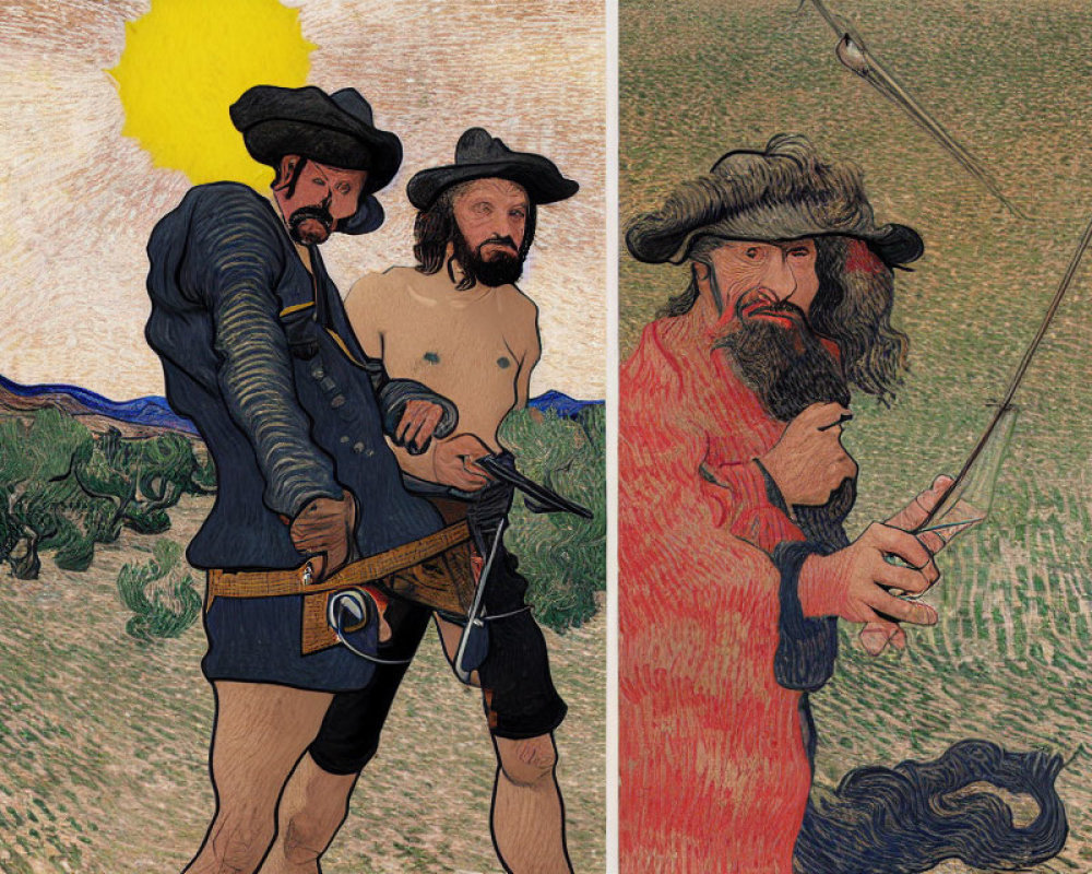 Stylized Van Gogh-inspired illustration of figures with musket and fishing pole