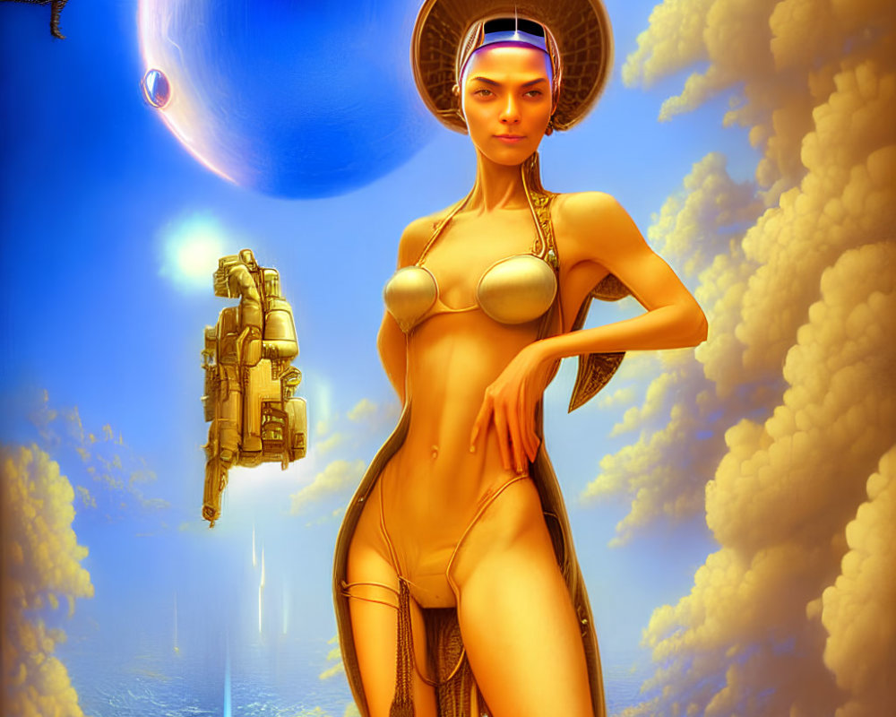 Golden-clad female figure in futuristic setting with surreal sky and celestial elements