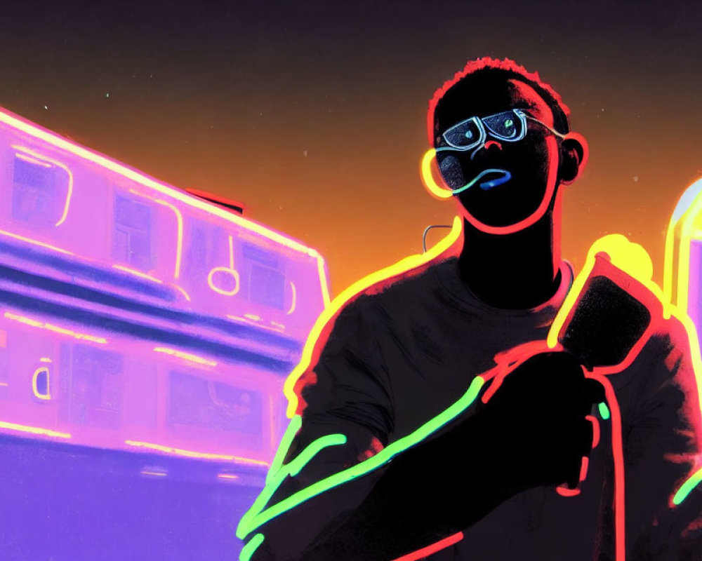 Person with neon outlines and glasses holding a microphone, train and vibrant sky.
