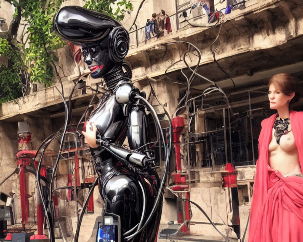 Black humanoid robot sculpture and red-garment mannequin in urban setting