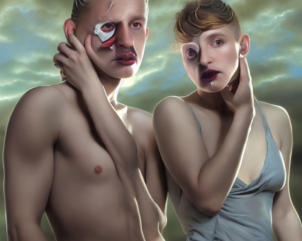 Surreal figures with distorted faces and dramatic makeup in stormy sky scene