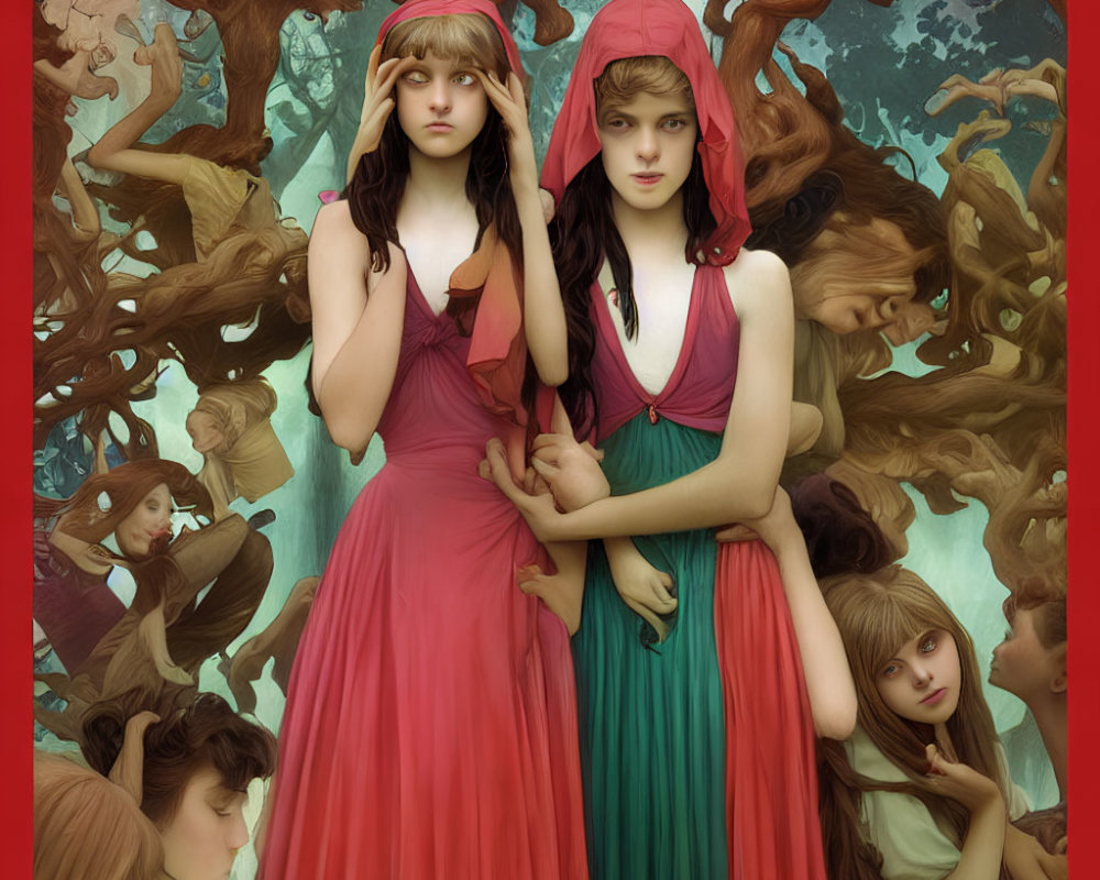 Two Women in Red and Green Dresses Surrounded by Swirling Figures