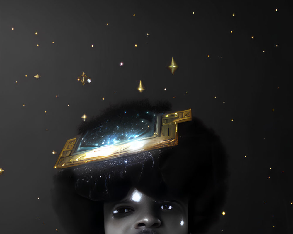 Surreal portrait of person with galaxy-filled afro and futuristic cityscape