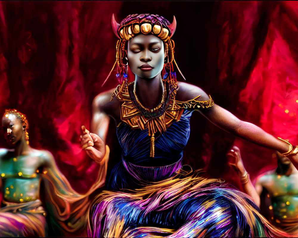 Digital Artwork: Three Women in African Attire on Red Background