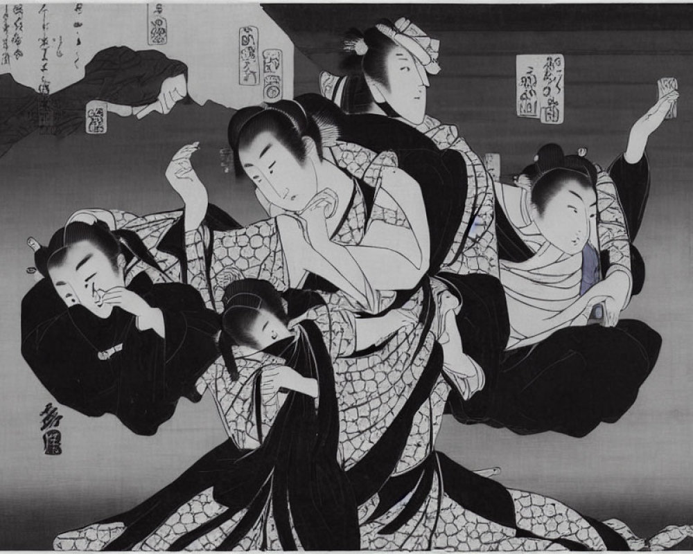 Monochrome Japanese art print with five figures in traditional attire