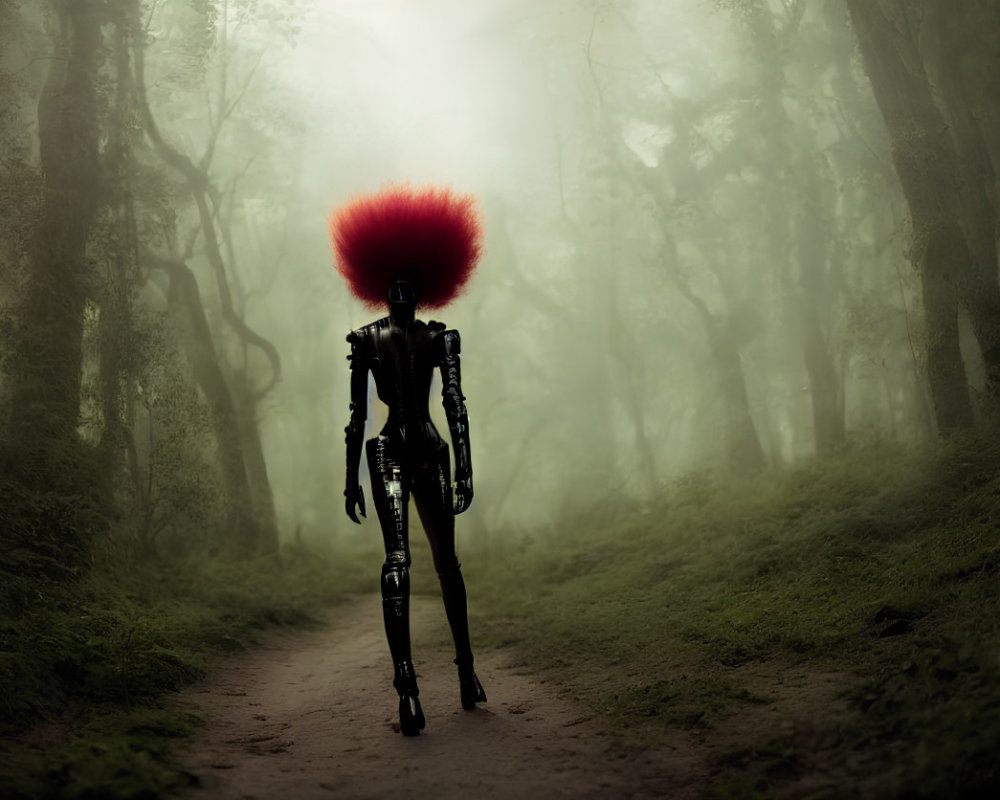 Red Afro Humanoid Robot Walking in Misty Tree-Lined Path