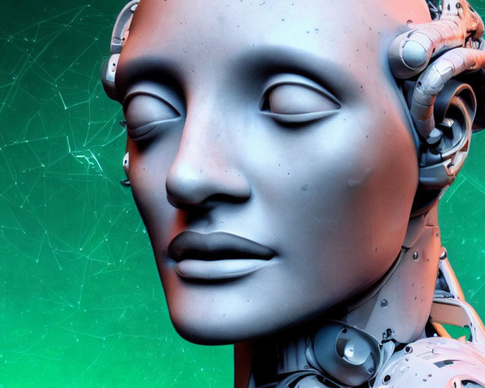 Serene humanoid robot head with metallic skin and intricate details on green background