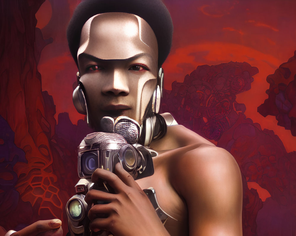 Futuristic person with metallic face paint and headphones holding advanced gadget on red background