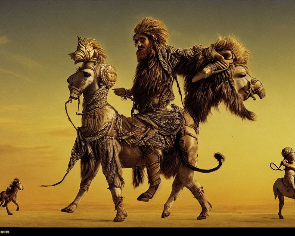 Warriors on Lions in Desert Landscape with Dramatic Sky
