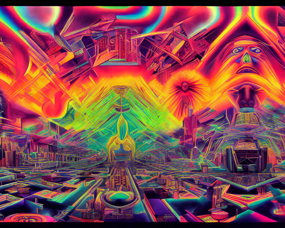 Colorful Abstract Psychedelic Cityscape with Neon Sky & Surreal Eyes
