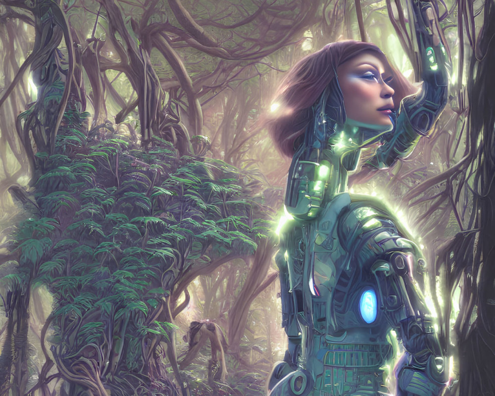 Female cyborg with glowing blue elements in ethereal forest setting