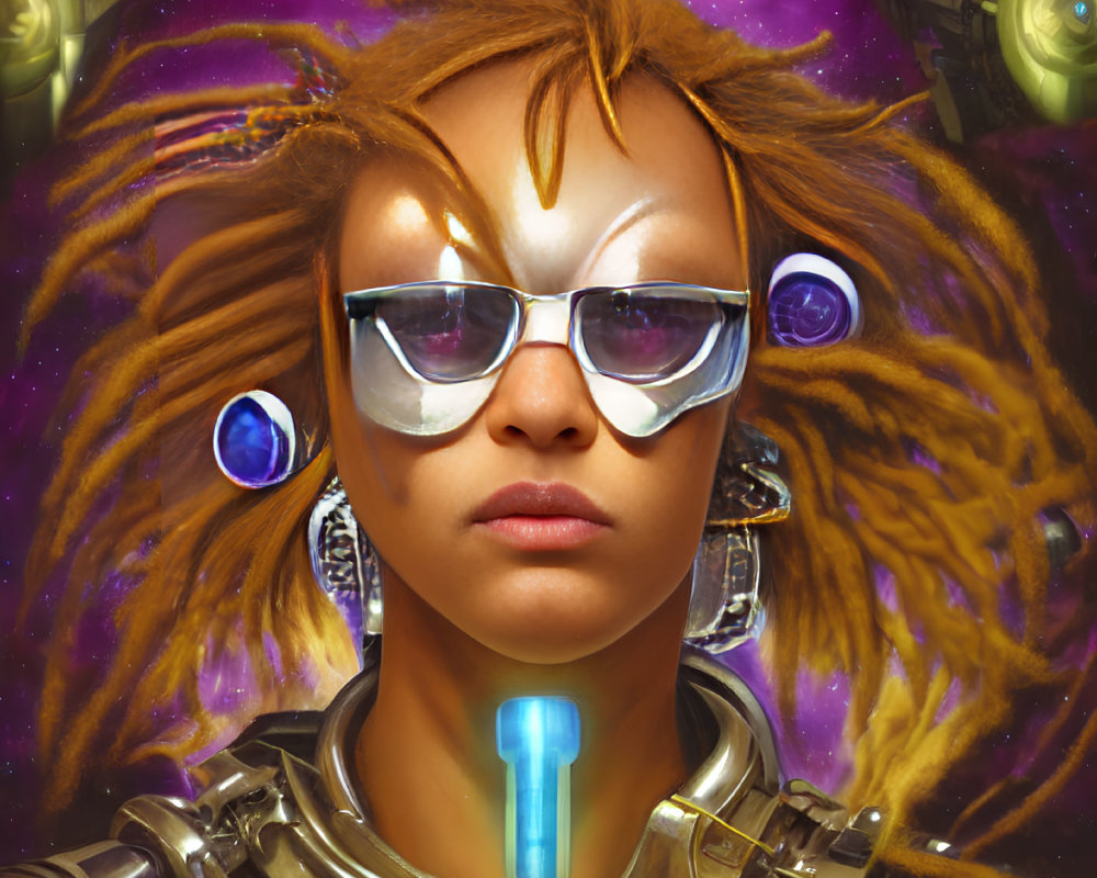 Person with dreadlocks in futuristic sunglasses and cybernetic armor against cosmic backdrop with blue elements