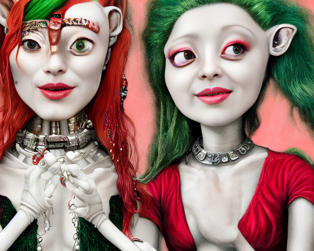 Whimsical female characters with green hair and elfin ears in vibrant red outfits