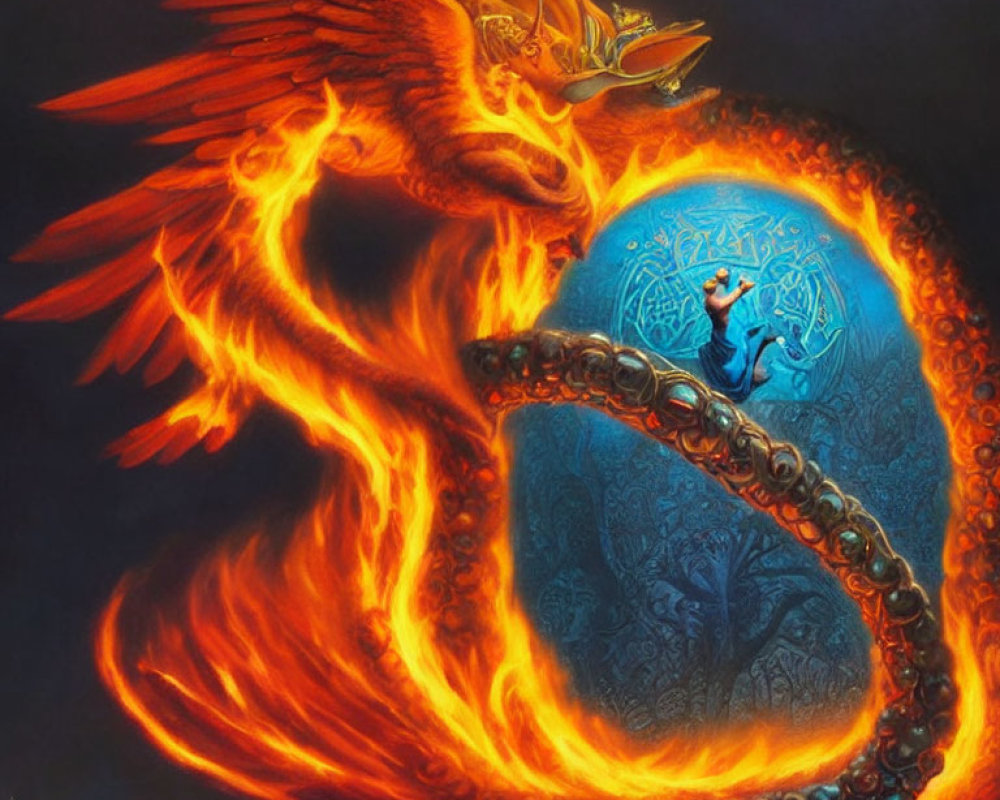Fantasy artwork of fiery phoenix, blue dragon, and wizard in mystical encounter