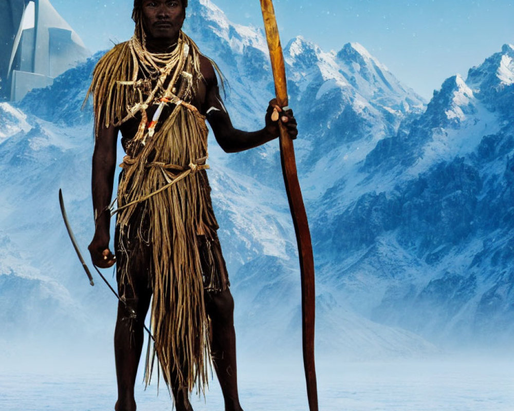 Indigenous Person in Traditional Attire with Spear on Snowy Terrain