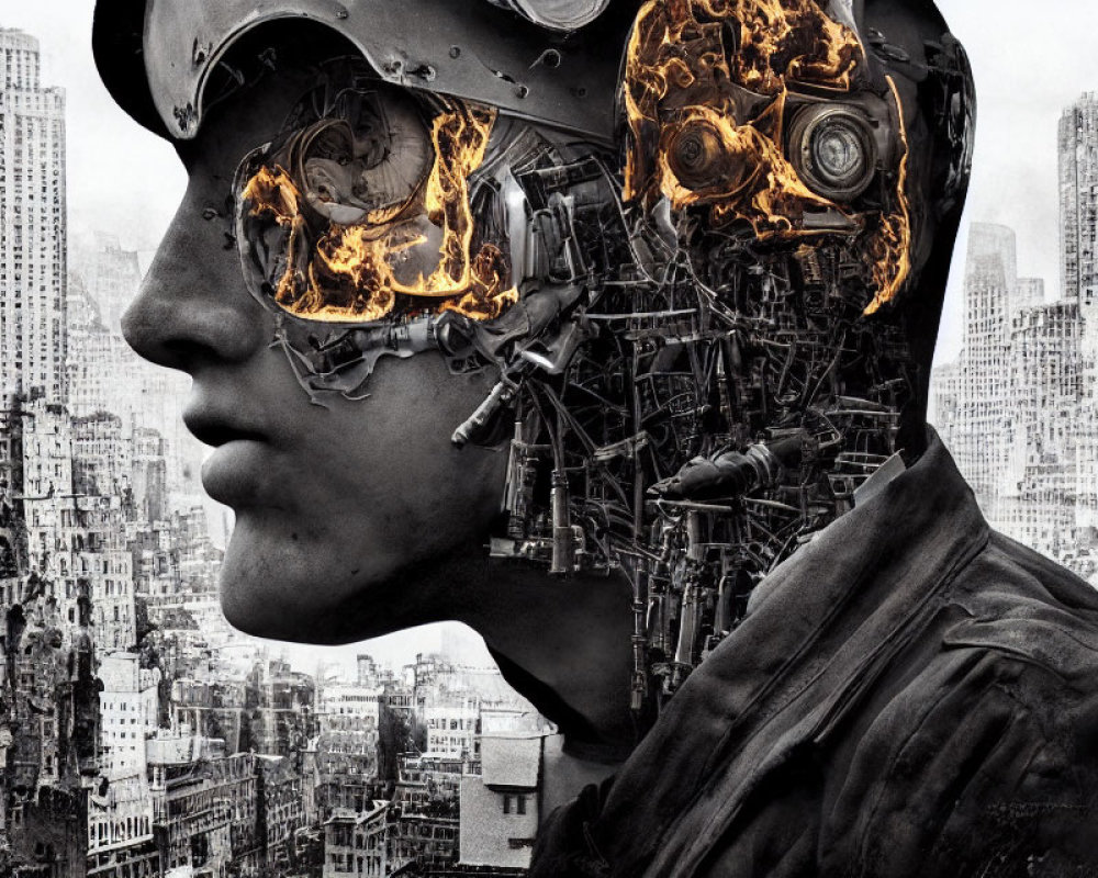 Cyborg with Mechanical Face in Dystopian Cityscape