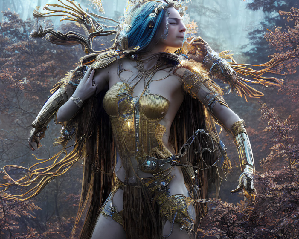 Blue-haired warrior in golden armor with owl in enchanted forest