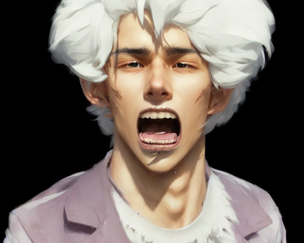 Digital Artwork of Person with White Hair & Purple Jacket in Intense Expression