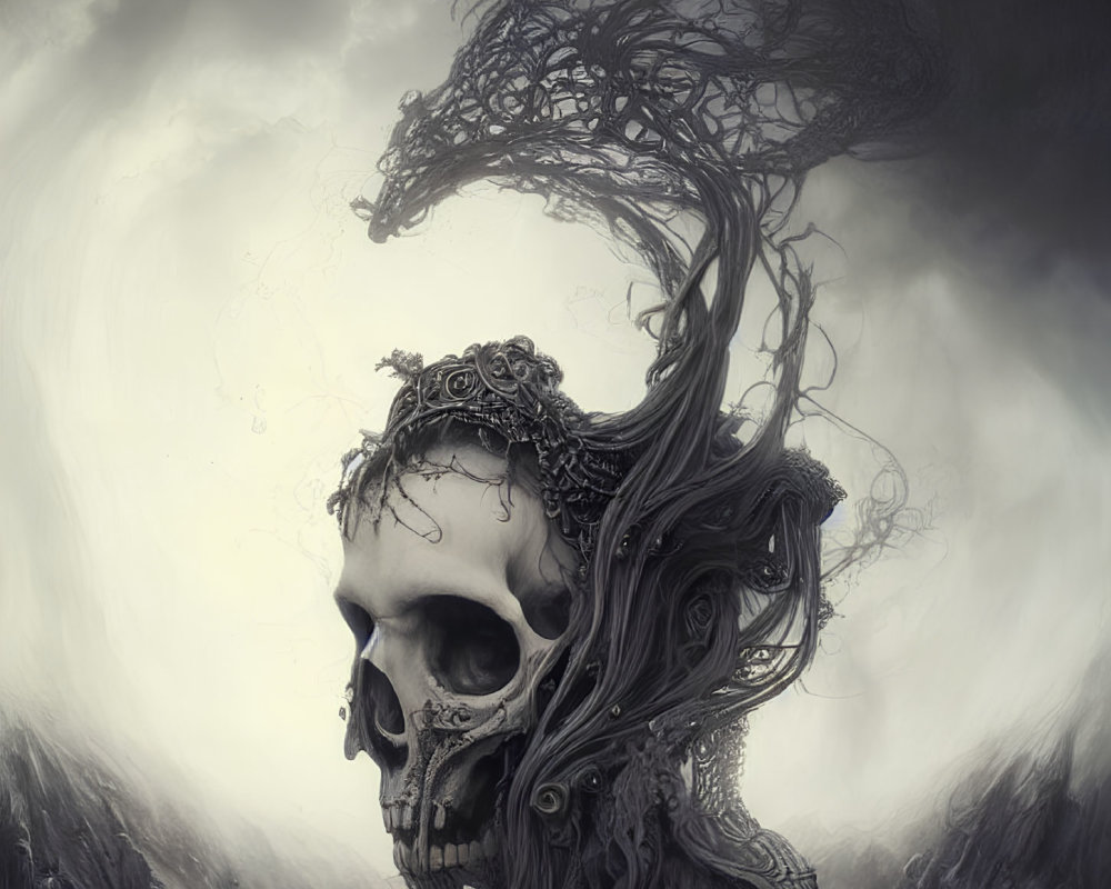 Detailed dark skull illustration with intricate hair and ornate headpiece.