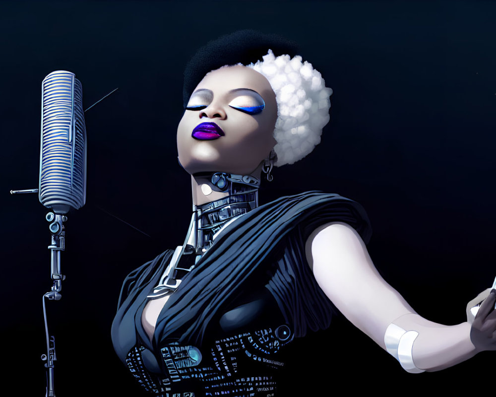Stylish futuristic female android singing with vintage microphone