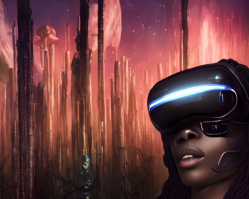 Person in Futuristic VR Headset in Surreal Landscape