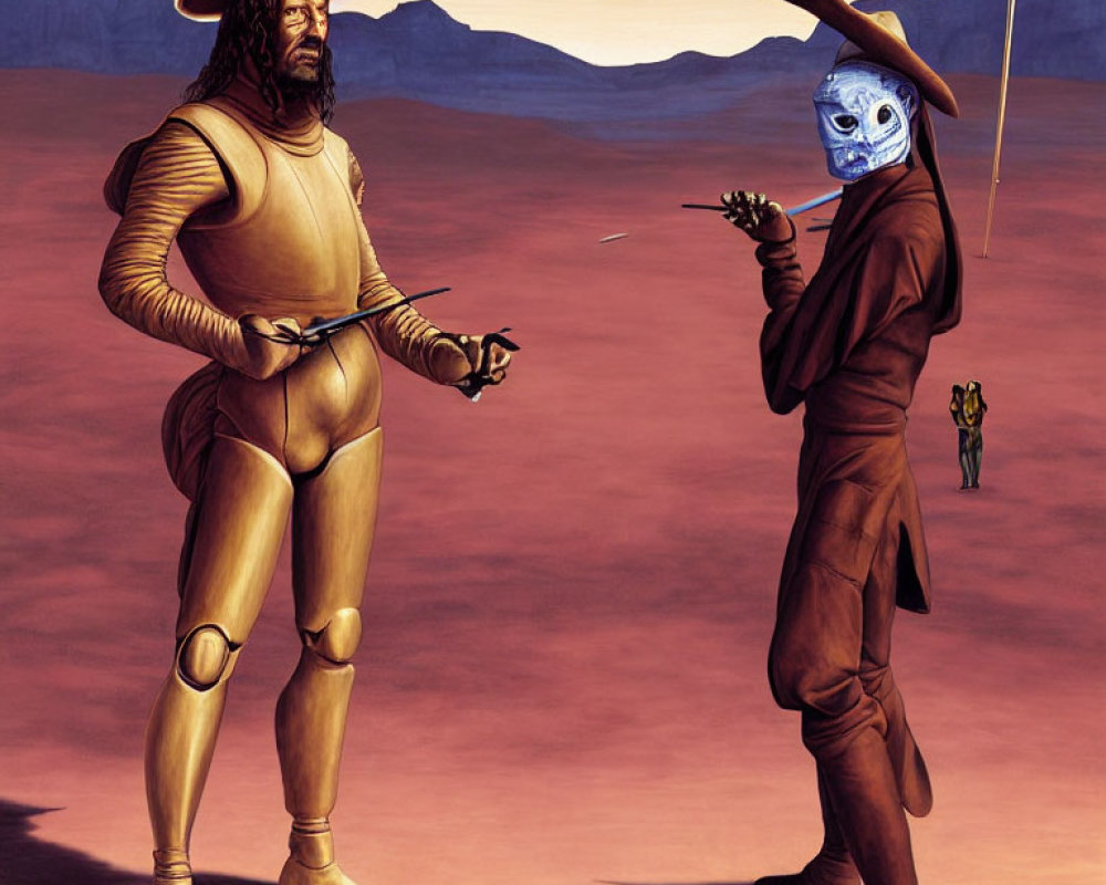 Sci-fi Western characters in desert standoff wearing cowboy attire